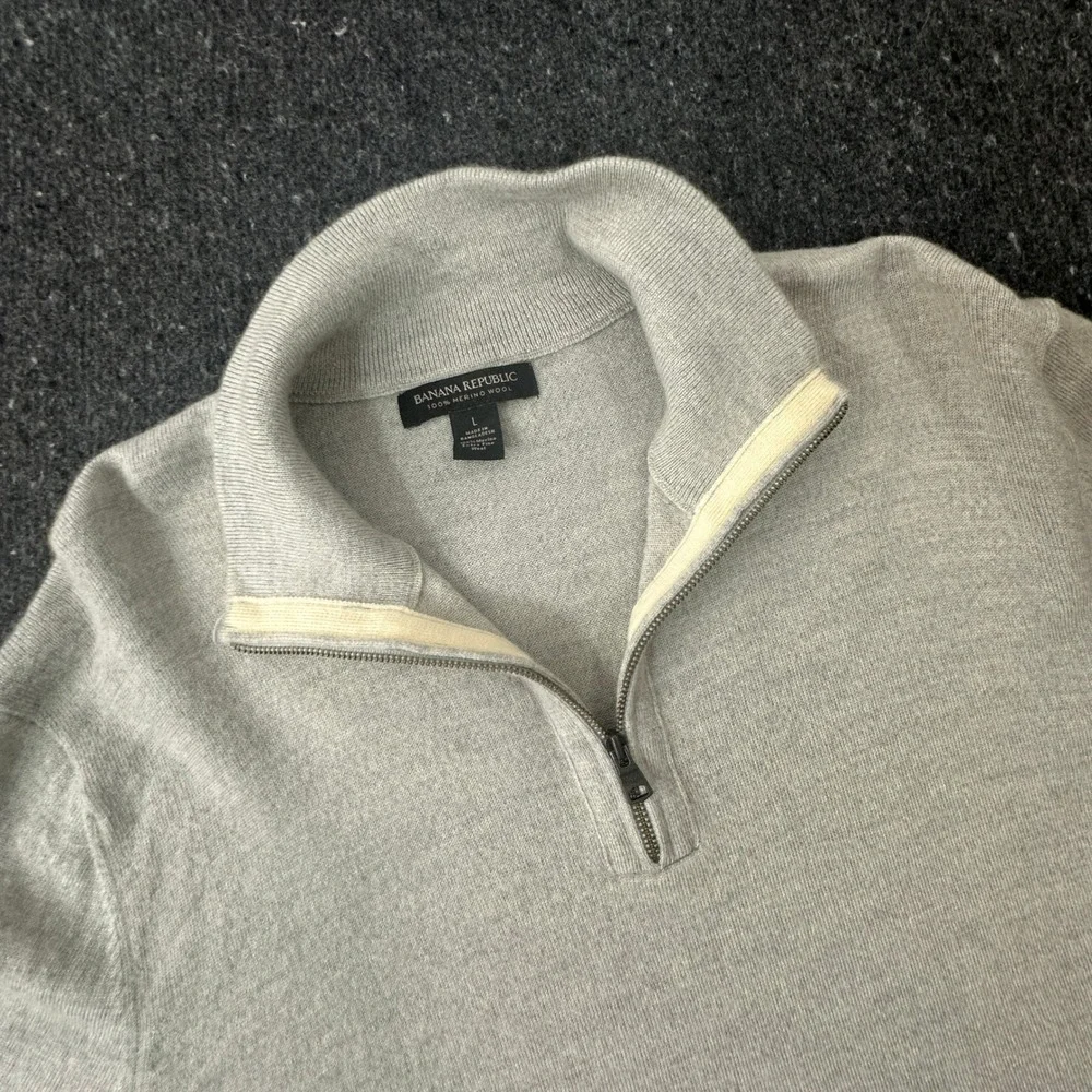 Banana Republic Sweater Men Large Grey Quarter Zip Merino Wool 591157-00